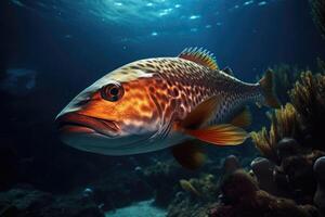 A colorful fish swimming at the bottom of the sea. Coral reef and fish. photo