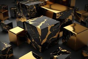 Abstract black golden marble cubes geometric background. photo