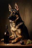 An oil painting of dog with beer bottle and fruits photo