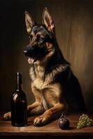 An oil painting of dog with beer bottle and fruits photo