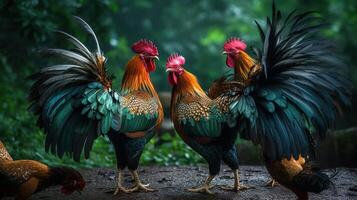 un grupo de gallo jugando juntos generativo ai foto