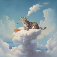 A cat flying on the clouds and smoking in blue sky photo