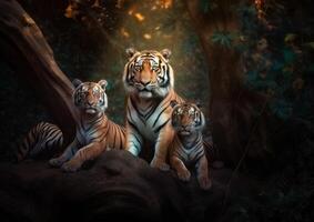 hermosa retrato de Tigre familia sentado juntos generativo ai foto