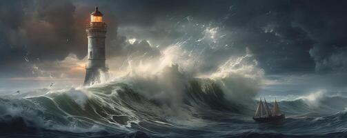 surreal lighthouse ocean waves storm photo