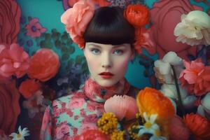 woman with colorful flowers, spring concept photo