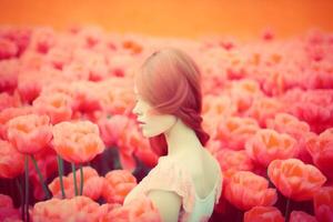 woman with colorful flowers, spring concept photo