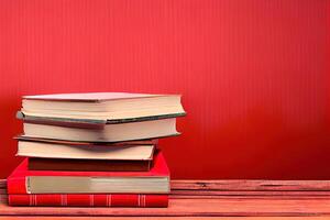 A stack of hardcover books. photo