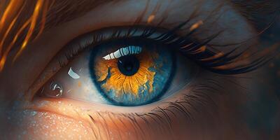 hermosa hembra azul ojo en un naranja ardiente tono. largo pestañas y un rizo de ardiente cabello. ai generado. foto