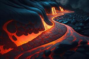 Fiery burning lava flows down the mountain. Natural element. . photo