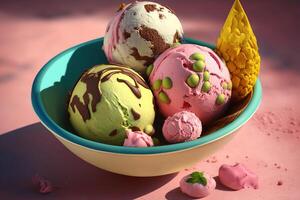 Dish with colored balls of ice cream with nuts and chocolate chips. . photo