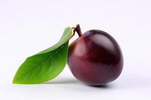 Fresh blue plum with leaf, isolate on white background. Macro studio shot. . photo