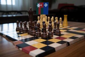 Political board intellectual game chess with country flags. Hobbies and mind development. . photo