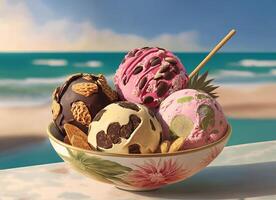 Dish with colored balls of ice cream with nuts and chocolate chips. . photo