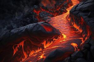 Fiery burning lava flows down the mountain. Natural element. . photo