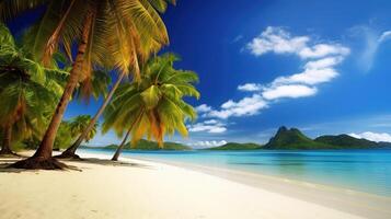 Exotic tropical beach with palm trees near the sea or ocean for relaxation. . photo
