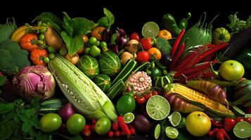 Assorted exotic tropical vegetables on black background isolate. Farm products for the store. . photo