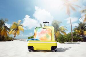 Open yellow suitcase on wheels for tourism, travel on the beach with palm trees. AI generated. photo