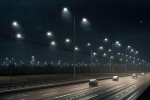 la carretera lamparas iluminar para carros en el noche. ai generado. foto