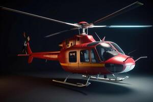 Red civil business helicopter on a dark black background in a hangar. . photo