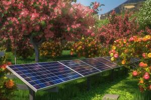 Solar panel in an orchard in sun. Clean technologies of future. . photo