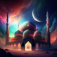 Ramadan special mosque colorful sky lighting effect background Ai genareted photo