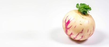 Fresh turnip with leaf, isolate on white background. Macro studio shot. . Header banner mockup with space. photo