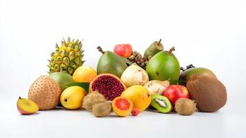 Assortment of exotic tropical fruits isolated on white background. Bananas, passion fruit, sweet dessert with vitamins. . photo