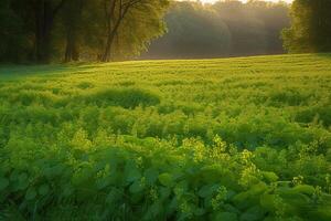 Pea field in the morning sun. Farming with natural ecological vegetables. . photo