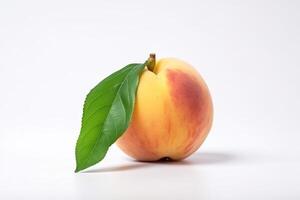 Fresh peach with leaf, isolate on white background. Macro studio shot. . photo
