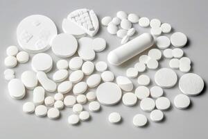 White medical pills in bulk of various shapes on a gray background. Health care, treatment. . photo