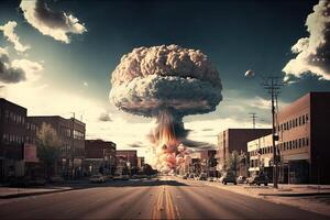 Nuclear, atomic explosion in the city, mass murder. War catastrophe, deadly aggression. . photo