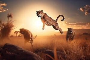 African cougar in a jump on the hunt on Africa Day against the backdrop of the rising sun. . photo