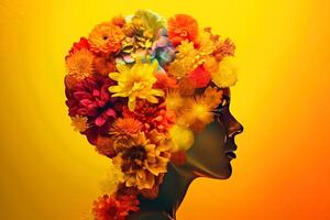 Mental health day, female head made of colorful flowers. Fictional person created with . photo