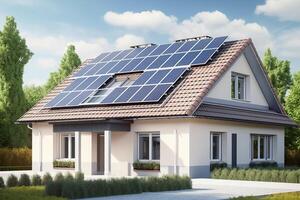 Modern white house with a garden and solar panels on the roof against the blue sky. . photo