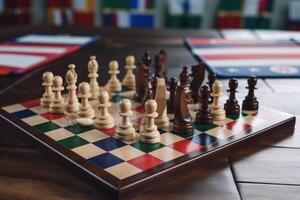 Political board intellectual game chess with country flags. Hobbies and mind development. . photo