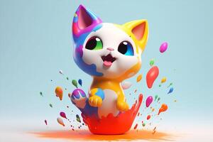 3d kitten playing with colors splash. photo