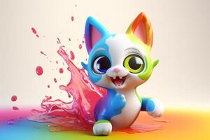 3d kitten playing with colors splash. photo