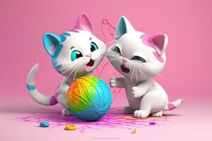 3d two kittens playing yarn ball. photo