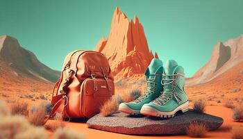 hiking concept background with hiking boots created with ai tools photo