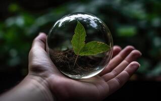 Earthcore Inspired Hand Holding Terrarium Globe, Leaf, Green and Black, Environmental Awareness, Authentic Imagery. photo