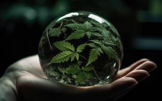 Earthcore Inspired Hand Holding Terrarium Globe, Leaf, Green and Black, Environmental Awareness, Authentic Imagery. photo