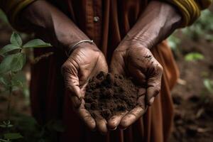 Energy Inspired Hands Holding Root in Topsoil, Green and Bronze, Sudersan Pattnaik, Emphasis on Action, Ambitious. photo