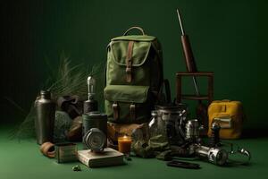 atractivo knolling imagen, mochilas y esenciales, verde fondo, ferrotipo fotografía, aventuras tema, funcionalidad. generativo ai foto