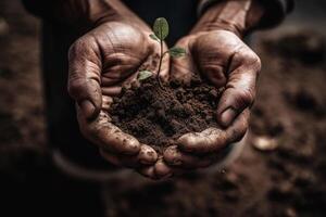 Hands Holding New Plant in Soil, Iconic, Use of Precious Materials, Earth Day Concept. photo