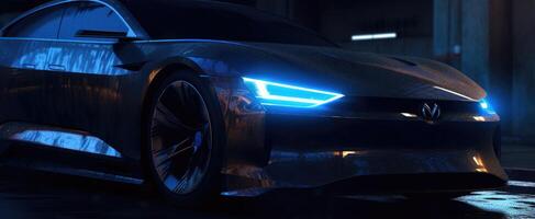 Hyper-realistic Oil Style eCar Charging at Night, Dark Gray and Dark Blue, Close Up, Sustainable Design. photo