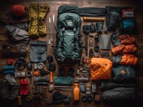 Engaging Knolling Image, Backpacks and Essentials, Green Background, Tintype Photography, Adventure Theme, Functionality. photo