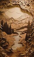 Handcut Paper Art Sculpture, Mountains and Lake, Romantic Moonlit Seascapes, Cabincore, Whistlerian, Nature based Patterns. Generative AI photo