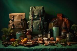 Engaging Knolling Image, Backpacks and Essentials, Green Background, Tintype Photography, Adventure Theme, Functionality. photo