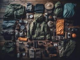 atractivo knolling imagen, mochilas y esenciales, verde fondo, ferrotipo fotografía, aventuras tema, funcionalidad. generativo ai foto