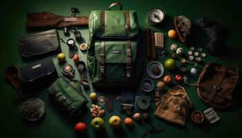 atractivo knolling imagen, mochilas y esenciales, verde fondo, ferrotipo fotografía, aventuras tema, funcionalidad. generativo ai foto